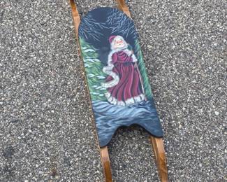 Wooden Christmas Sled with Hand-Painted Santa Scene