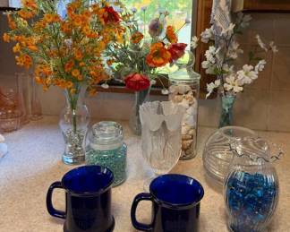 Assorted Glass Vases, Artificial Floral Arrangements, Cobalt Blue Mugs & Decorative Glassware - Lake Odessa Off-Site