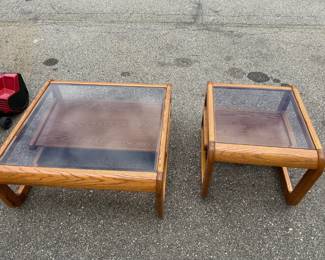 Oak & Smoked Glass Coffee Table and End Table Set