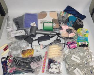 Tote Full of Beauty Items: Hair Dryer, Tights, Necklace, Razors, Hair Accessories & More