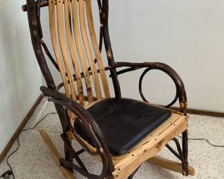 Rustic Hickory Bentwood Rocking Chair with Slatted Back & Cushioned Seat - Lake Odessa Off-Site