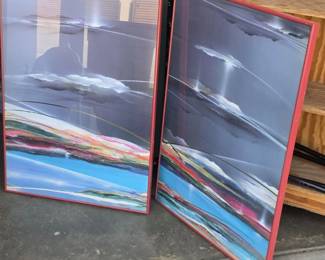 Pair of Framed Abstract Landscape Art Prints with Red Frames