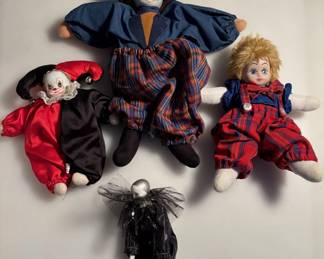 4 Assorted Porcelain / Bisque Head Clown / Jester Dolls