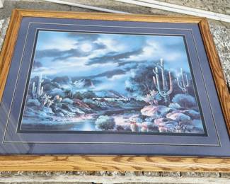 Framed Desert Landscape Wall Art With Cactus & Moonlit Night Scene - 36" x 44" Wood Frame