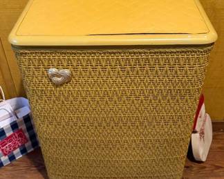 Vintage-Style Yellow Wicker Storage Hamper with Hinged Lid & Decorative Metal Pull - Lake Odessa Off-Site
