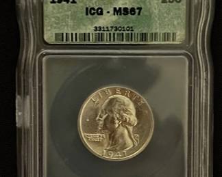 High Grade ICG Graded Certified MS67 1941 Beautifully Toned Silver Washington Quarter