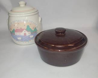 Kitchen Ceramics: Brown Stoneware Bean Pot/Crock with Lid & Country Cookie Jar