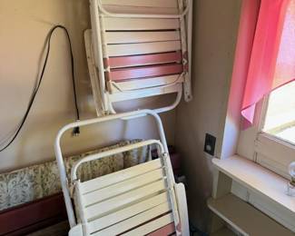 Set of 2 Folding Metal Lawn Chairs - White & Pink Slatted Patio Seating - Lake Odessa Off-Site