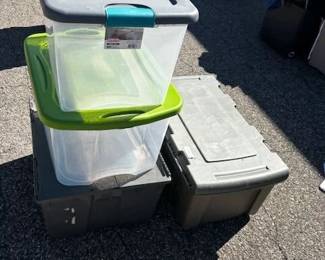 Lot of 4 Storage Totes: 2 Clear with Lids, 1 Grey Latching, 1 Grey Flip-Top