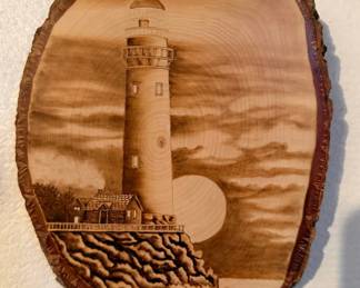 Lighthouse Pyrography Wood Burning Art on Natural Live Edge Wood Slice - Coastal Decor - Lake Odessa Off-Site