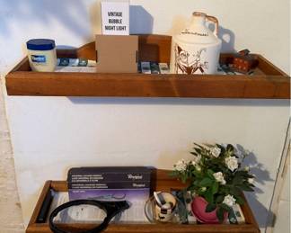 Pair of Wooden Wall Shelves with Assorted Household Items, Decor & Collectibles - Lake Odessa Off-Site