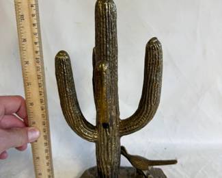 Vintage Brass Cactus w/ Roadrunner Bird