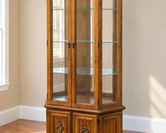 Wood Curio Cabinet with Glass-Paneled Display Top and Solid Wood Cabinet Base