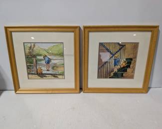 Disney High Quality Pair Wood Framed "Classic Pooh" Prints, 14 3/4" x 14 3/4", Bridge & Stair Scenes - Estate Sales Warehouse (GR)