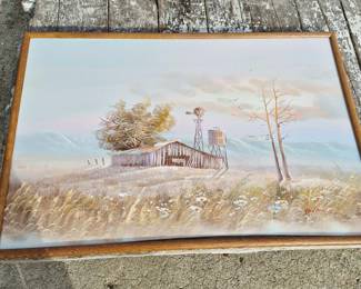 Vintage Landscape Painting Of Barn Windmill & Flowers on Canvas, Signed Framed 38"x26"