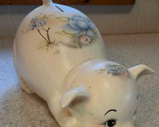 Vintage Ceramic Pig Piggy Bank - White with Blue Floral Design & Curled Tail - Lake Odessa Off-Site