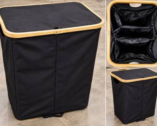 Black Fabric Double Laundry Hamper Basket With Bamboo Frame Lid & Removable Dividers - Potterville
