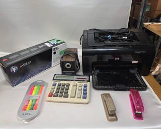 HP LaserJet P1102w w/ Black Ink, Vintage Panasonic Pencil Sharpener, and More Office Supplies