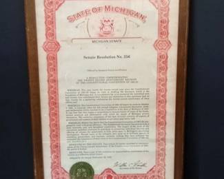 1983 Michigan Senate Resolution No. 256 Constitutional Convention Anniversary Framed Certificate – Potterville