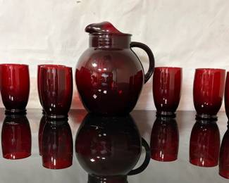 Ruby Glass Pitcher with 7 Glasses - 50's - 70's