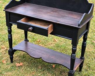 Antique Black Washstand with Scalloped Gallery Back, Drawer & Lower Shelf