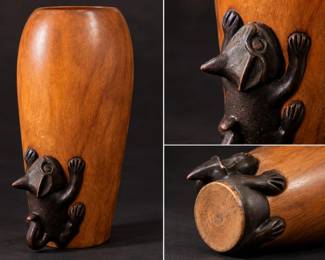Vintage Handcrafted Wooden Vase with Climbing Black Cat Rustic Folk Art Decor
