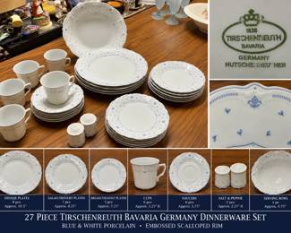 27pc Tirschenreuth Bavaria Germany Blue & White Porcelain Dinnerware Set - Embossed Scalloped Rim