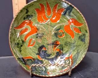 Signed 1984 Breininger Pottery Robesonia PA Redware Plate Tulip & Bird Folk Art