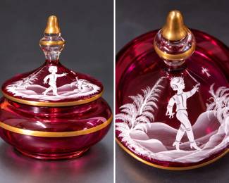 Antique Bohemian Mary Gregory Cranberry Glass Covered Powder Jar White Enamel Boy Gold Gilt