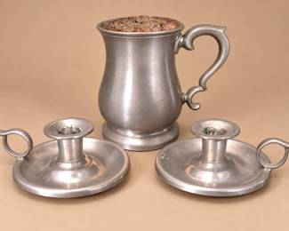 English Pewter Jug and 2 Pewter Chambersticks - 3 Pieces