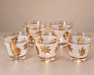 5 Vintage Libbey Golden Foliage Frosted Gold Leaf Old Fashioned Rocks Glasses