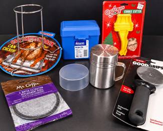 Assorted Kitchen Lot Can Chicken Rack Recipe Box Cookie Cutter OXO Tool Coffee Filters