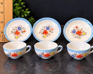 Vintage Japan Miniature Floral Tea Set With Blue Borders