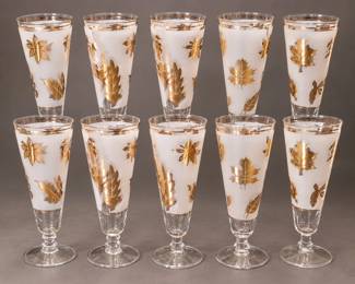 Set of 10 Vintage Libbey Golden Foliage Footed Pilsner Glasses - Gold Leaf on Frosted Glass