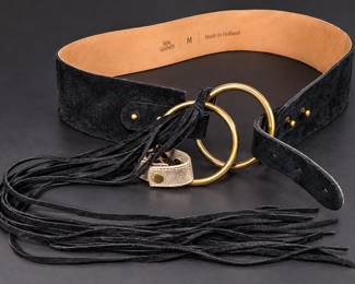 Vintage 1970s Made in Holland Black Suede Leather Fringe Belt Double O-Ring Buckle Size M