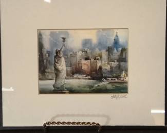 Ling Yun Signed Framed NYC Watercolor Print Featuring The Statue Of Liberty