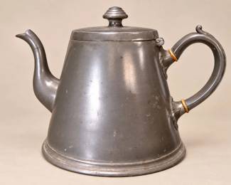 Lidded Pewter Teapot with Curved Spout and Maker's Mark