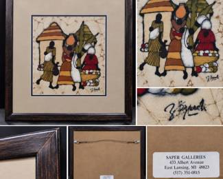 Signed S Kiggundu African Market Batik on Cloth Saper Galleries Framed