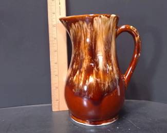 Vintage R.R.P. Co. Brown Drip-Glaze Ceramic Pitcher, Made In Roseville, Ohio, USA
