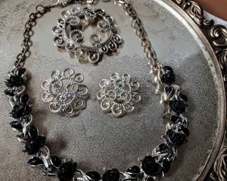 Vintage Black Rose 4pc Parure Necklace Brooch & Earrings, Ornate Silver Tone