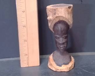 African Hand-Carved Dark Wood Bust, Featuring Natural Bark Edges. Measures Approx. 4 Inches