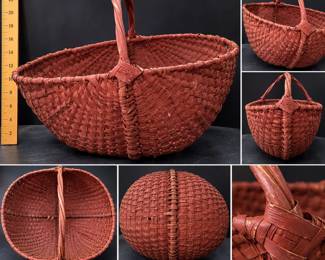 Large Antique Red Painted Woven Splint Gathering Basket Bentwood Handle 24"
