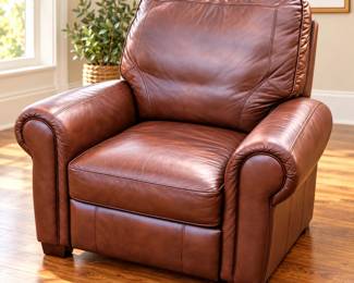 Linden Street Genuine Brown Leather Recliner Chair with Plush Cushions & Rolled Arms