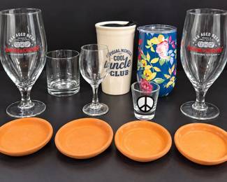 Assorted Drinkware and Pottery Lot Beer Glasses Shot Glass Tumblers and 4 Saucers