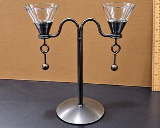 Modern Wrought Iron Double Candle Holder w/ Glass Votive Cups & Decorative Ball Accents