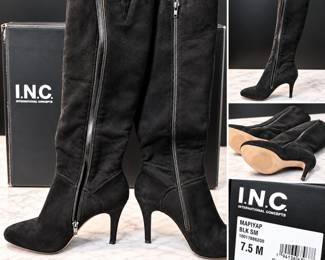 INC International Concepts Black Suede Knee High Stiletto Heel Side Zip Boots Size 7.5M