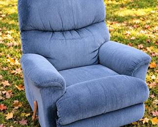 La-Z-Boy Blue Upholstered Recliner Chair with Wood Handle, Casual Oak Collection, Model 15577
