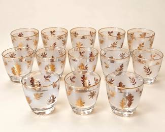 13 Vintage Libbey Golden Foliage Frosted Gold Leaf Single Rocks Glasses