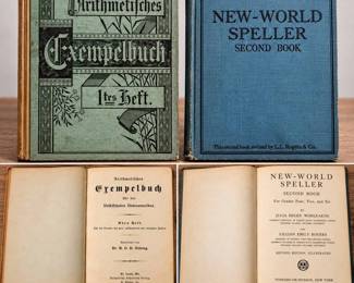 2 Antique Schoolbooks German Arithmetisches Exempelbuch & New World Speller Textbook Lot