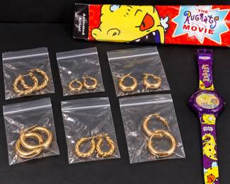 Rugrats Movie Watch and Assorted Gold Tone Hoop Earrings Lot